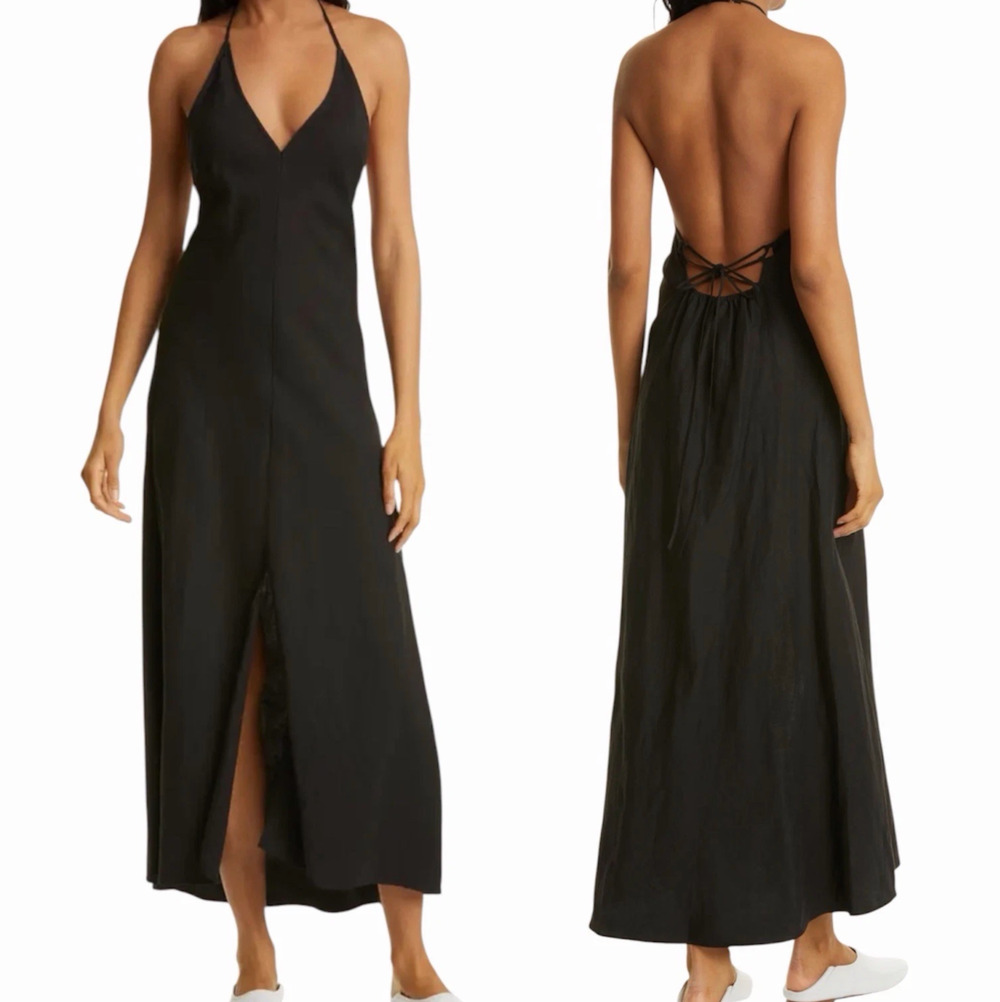 FRAME Maxi Dress Lace-Up Back Black Linen Blend Size X-Small